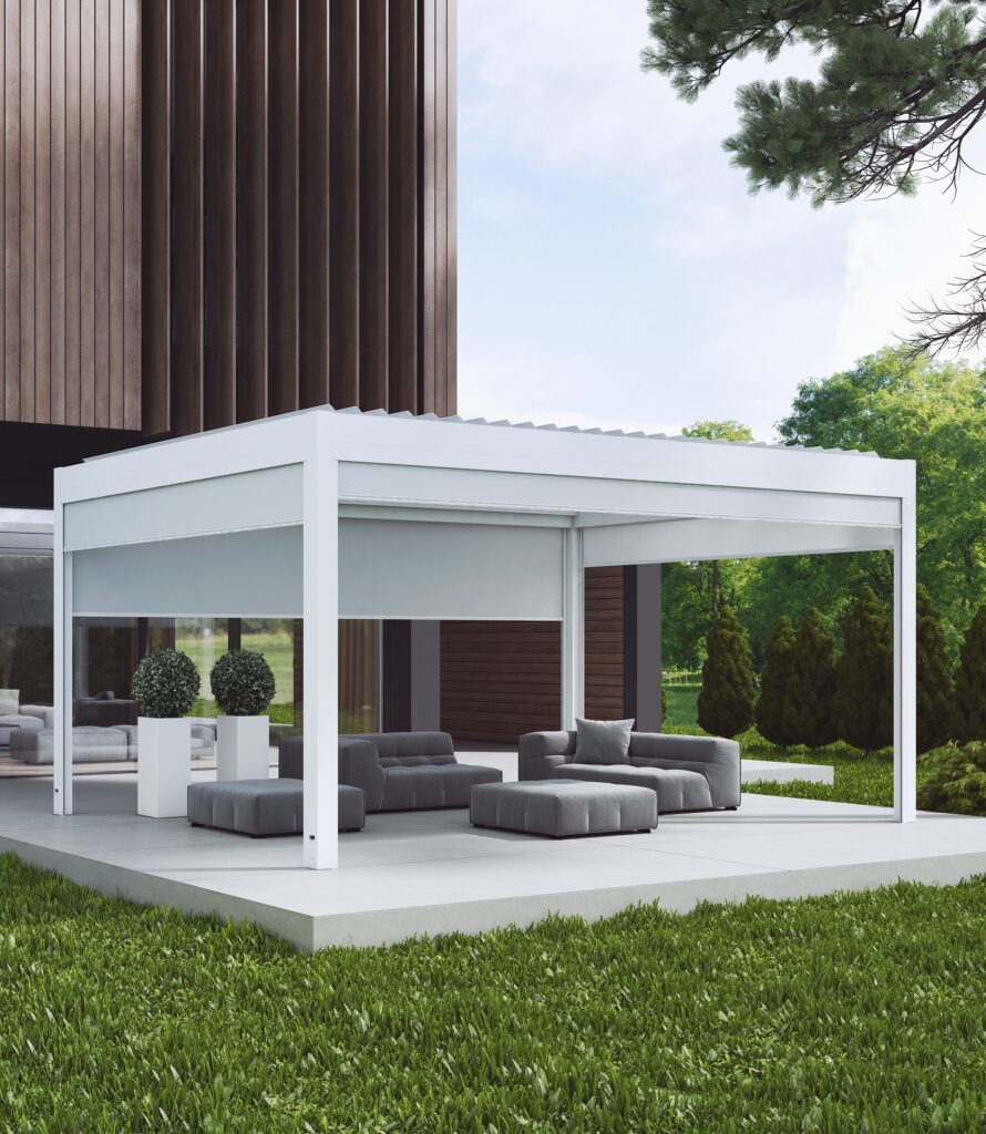 Pergole aluminiowe wolnostojące i ogrodowe z oświetleniem LED i roletami screen, przyścienna pergola lamelowa z przesuwnymi szklanymi segmentami, bioklimatyczne pergole tarasowe na wymiar cena