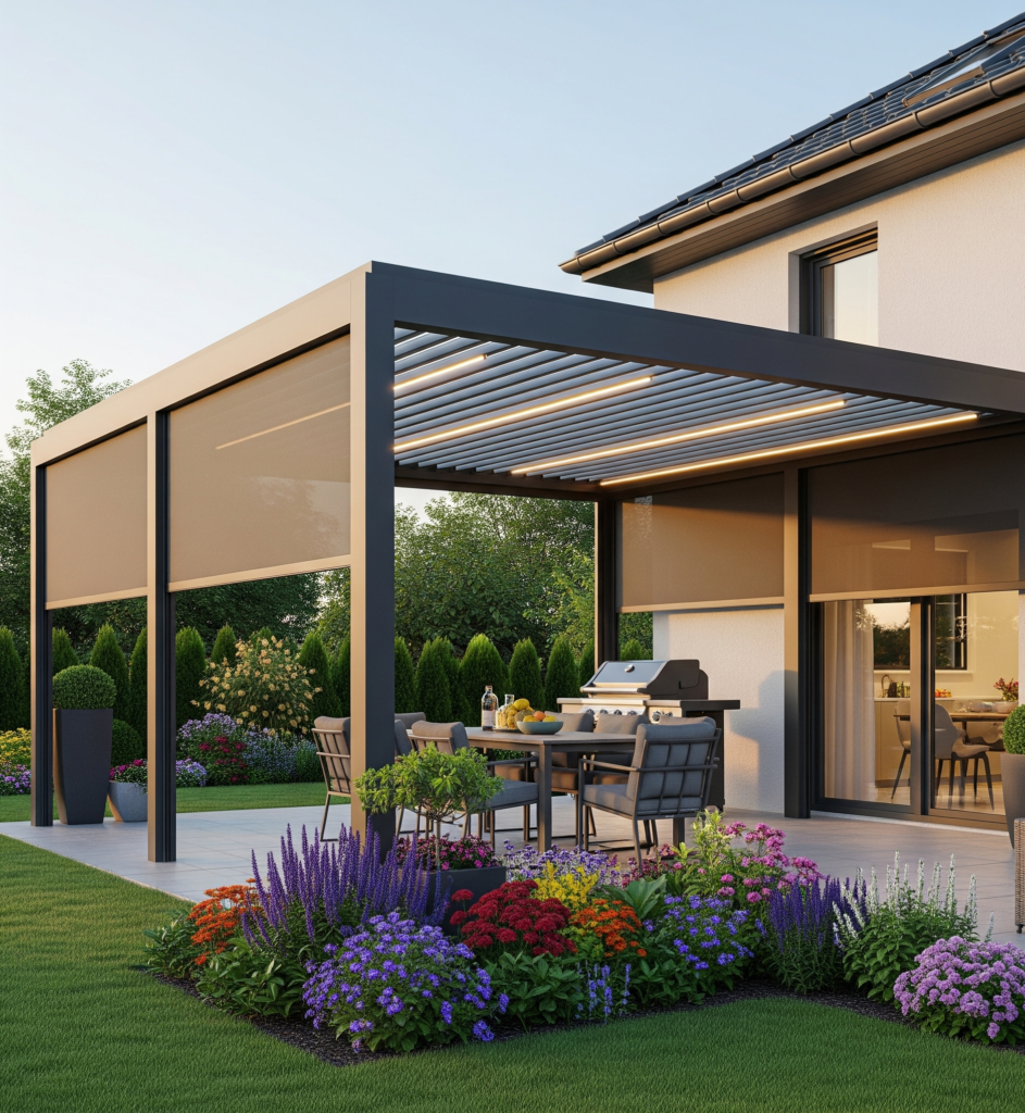 Pergole aluminiowe wolnostojące i ogrodowe z oświetleniem LED i roletami screen, przyścienna pergola lamelowa z przesuwnymi szklanymi segmentami, bioklimatyczne pergole tarasowe na wymiar cena